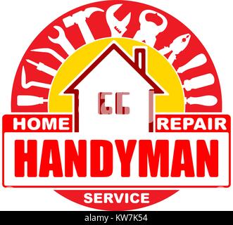 Handyman home repair services. Round vector design for your logo or emblem with home and set of workers tools. There are wrench, screwdriver, hammer,  Stock Vector