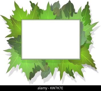 Rectangular frame for your design on a background of green leaves with shadow. Stock Vector