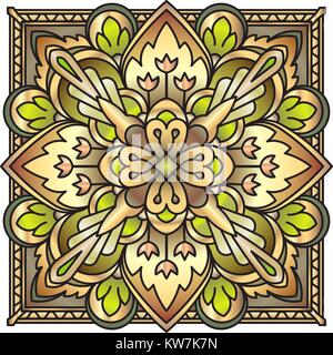 Decorative ornate rich decorated square mandala in golden tones with imitation of precious stone. Vintage vector pattern. Invitation, wedding card, sc Stock Vector