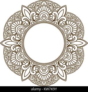 Rich decorated henna frame pattern with round centre. Vector decorative background in ethnic Indian style for coloring book, design of textile, bags,  Stock Vector