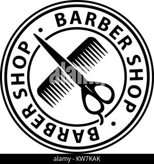 Round barbershop emblem, label, logo with a silhouette of scissors and comb. Stock Vector