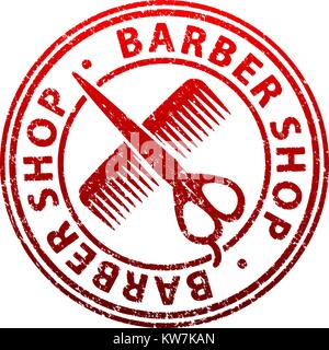 Round barbershop red rubber stamp with a silhouette of scissors and comb. Stock Vector