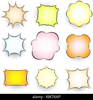 Set of empty comic box, talking bubbles. Collection of trendy colored cloud in pop art vector style. Comics book background templates. Stock Vector