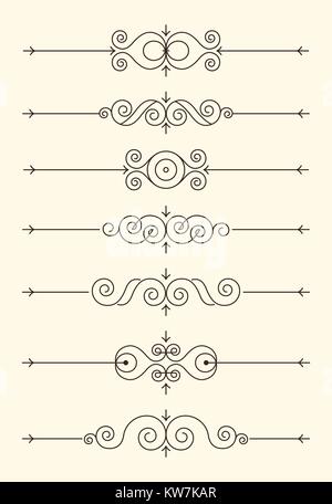 Set of seven dividers for text, page decorations, swirls. Stock Vector
