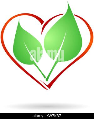 Abstract medical health icon with silhouette of stylized heart shape, pair of green leaves and shadow. Can used as logo, symbol or emblem for herbal m Stock Vector