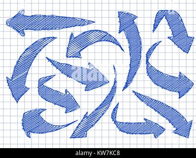 Set of arrows for your design in hand drawn style. Blue ink on a schools checkered background. Stock Vector