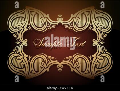 Rich decorated wide border gold frame with shadow and space for your text on dark red background Stock Vector