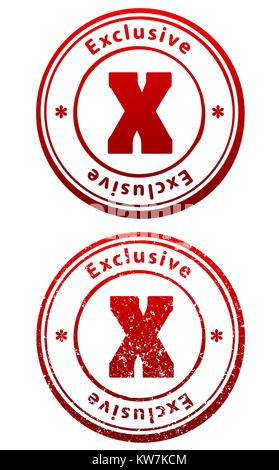 Pair of red rubber stamps in grunge and solid style with caption Exclusive and abbreviation X Stock Vector