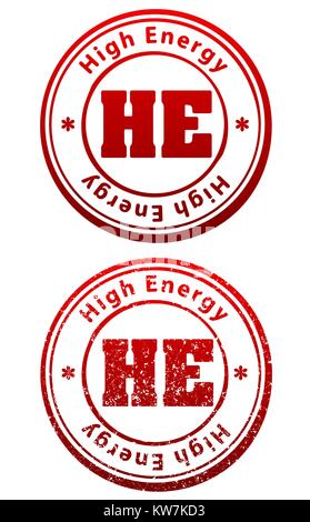 Pair of red rubber stamps in grunge and solid style with caption High Energy and abbreviation HE Stock Vector
