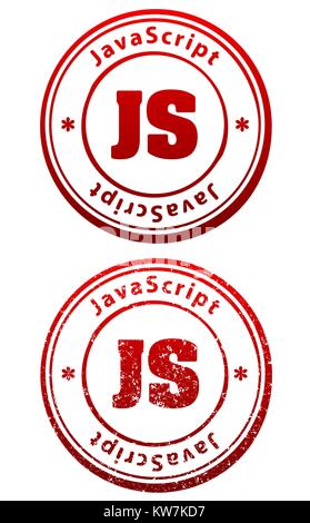 Pair of red rubber stamps in grunge and solid style with caption JavaScript and abbreviation JS Stock Vector