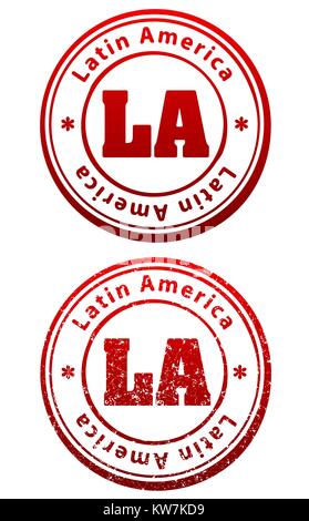 Pair of red rubber stamps in grunge and solid style with caption Latin America and abbreviation LA Stock Vector