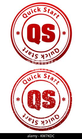 Pair of red rubber stamps in grunge and solid style with caption Quick Start and abbreviation QS Stock Vector