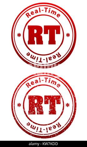Pair of red rubber stamps in grunge and solid style with caption Real-Time and abbreviation RT Stock Vector