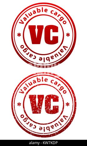 Pair of red rubber stamps in grunge and solid style with caption Valuable cargo and abbreviation VC Stock Vector