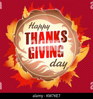 Thanksgiving design for emblem or poster . Celebration quote "Happy Thanksgiving". Decorative frame with silhouette of feathers and autumn leaves on a Stock Vector