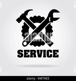 Flat style service icon with image of wrench, hammer and gear and shadow. Stock Vector