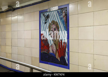 Mosaic depicting the famous 'shower scene' from Psycho, one of many Hitchcock films featured on the underpass entrance to Leytonstone tube station. Stock Photo