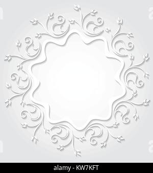 Decorative lace circle ornament for your design with floral branches and leaves. Cut of paper style illustration with shadow. Stock Vector
