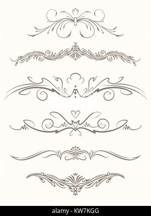 Set of six decorative vintage vector page elements, text dividers. Stock Vector