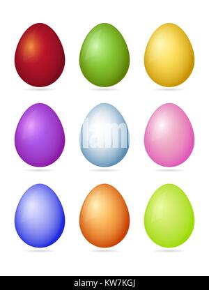 Set of nine photorealistic colorful vector Easter eggs with shadow isolated on a white background. Stock Vector