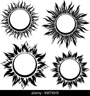 Set of decorative vector black sun symbols with long rays Stock Vector