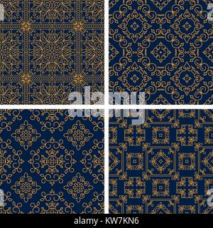 Set of four rich decorated calligraphic outlined stroke seamless patterns in dark and gold gamma. Stock Vector