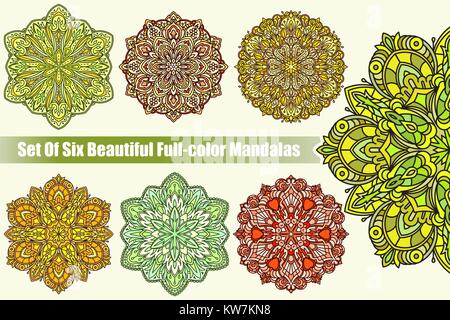 Set of six abstract vector colorful round lace designs in mono line style - mandalas, decorative elements in bright tones. Stock Vector
