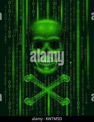 Jolly roger skull binary code numbers. Hacker piracy computer online attack alert. Scary warning hacking safety data security. Low poly polygonal tria Stock Vector