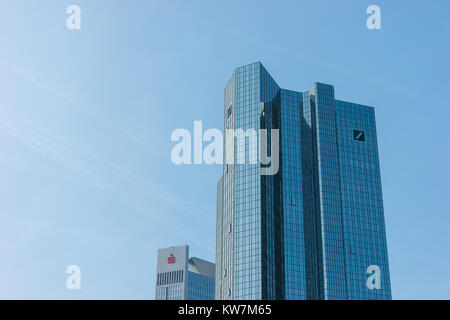 The Deutsche Bank Twin Towers and the Sparkassen-Finanzgruppe/ German Savings Bank Finance Group skyscraper against blue sky. Stock Photo