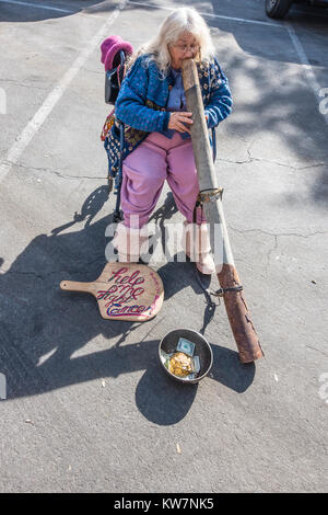 Woman playing didgeridoo at the Santa Barbara, California farmer's market. The didgeridoo (also known as a didjeridu) is a wind instrument. Stock Photo
