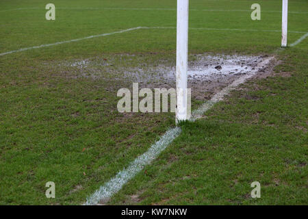 The Bosham vs Lancing United football match was cancelled due to this  waterlogged pitch. Stock Photo