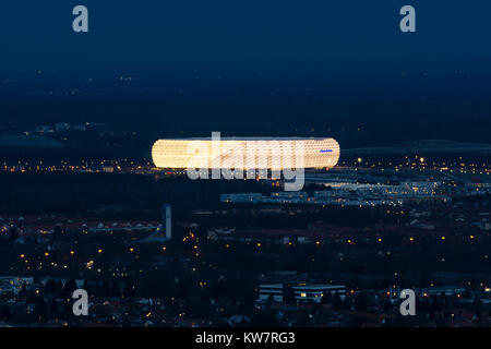 Munich, Germany - December 14, 2016: Night aerial view of exterior football stadium Allianz Arena the second-largest arena in Germany Stock Photo