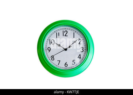 Green wall clock isolated on white background Stock Photo
