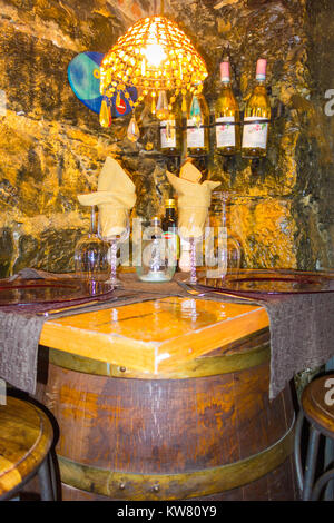 Table for two made from recycled wooden wine barrel Stock Photo