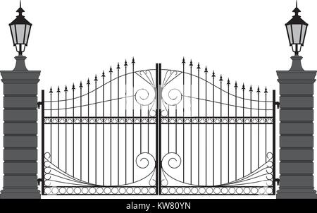 ornate iron gate, silouette in black and white Stock Vector