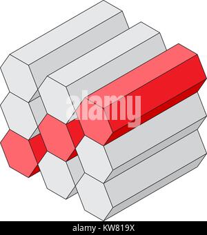 Isometric view of geometric shapes. Hexagonal cylinders stacked in a block Stock Vector