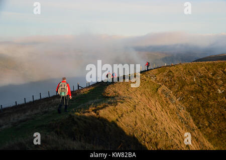 Group of Male Hillwakers on the Ridge Between the Welsh Mountains Aran Fawddwy and Drws Bach in the Snowdownia National Park, Wales, UK. Stock Photo