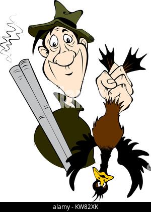 Cartoon character - a hunter with a gun and a duck in his hand. Isolated on white background. Stock Vector