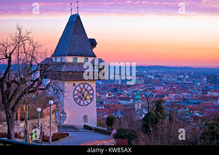Graz landmark and cityscape dusk view from Schlossberg, Styria region of Austria Stock Photo