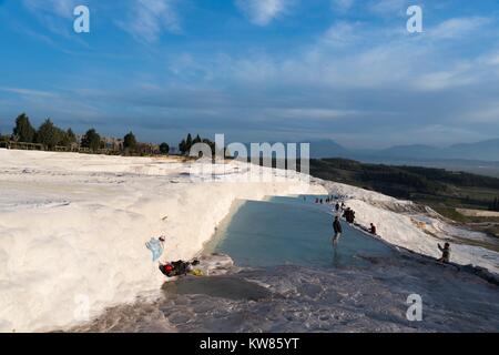 JANUARY 24; 2015 PAMUKKALE Pamukkale,is a natural site in Denizli Province in southwestern Turkey. Unidentified visitors are walks on travertines.