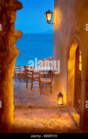 Romantic street in Monemvasia medieval old town, Peloponnese, Greece Stock Photo
