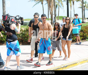 MIAMI, FL - Summer 2010: Angelina Pivarnick, Sammi Giancola on the set of Jersey Shore season 2 in Miami. Jersey Shore is an American reality television series that follows the lives of eight housemates Nicole 'Snooki' Polizzi, Jenni 'Jwoww' Farley, Mike 'The Situation' Sorrentino, Ronnie Ortiz-Magro, Vinny Guadagnino, Paul 'Pauly D' DelVecchio, Sammi 'Sweetheart' Giancola, and Angelina Pivarnick. The show debuted amid large amounts of controversy regarding the use of the words 'Guido/Guidette,' portrayals of Italian-American stereotypes.The series garnered record ratings for MTV, making it th Stock Photo