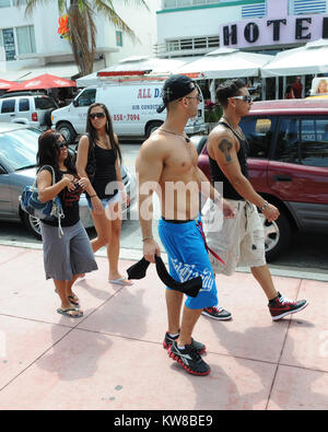 MIAMI, FL - Summer 2010: Angelina Pivarnick, Sammi Giancola on the set of Jersey Shore season 2 in Miami. Jersey Shore is an American reality television series that follows the lives of eight housemates Nicole 'Snooki' Polizzi, Jenni 'Jwoww' Farley, Mike 'The Situation' Sorrentino, Ronnie Ortiz-Magro, Vinny Guadagnino, Paul 'Pauly D' DelVecchio, Sammi 'Sweetheart' Giancola, and Angelina Pivarnick. The show debuted amid large amounts of controversy regarding the use of the words 'Guido/Guidette,' portrayals of Italian-American stereotypes.The series garnered record ratings for MTV, making it th Stock Photo