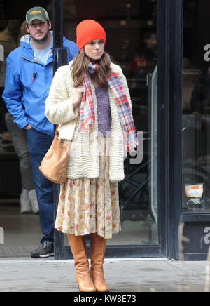 NEW YORK, NY - APRIL 02: Actress Keira Knightley is seen on the set of 'Collateral Beauty' on April 2, 2016 in New York City.   People:  Keira Knightley Stock Photo