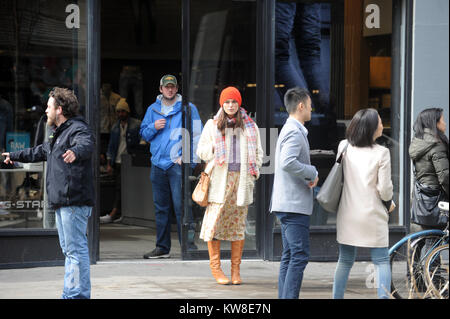 NEW YORK, NY - APRIL 02: Actress Keira Knightley is seen on the set of 'Collateral Beauty' on April 2, 2016 in New York City.   People:  Keira Knightley Stock Photo