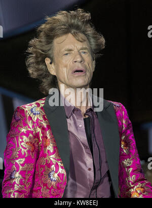 ORLANDO, FL- June 12: The Rolling Stones,  Mick Jagger, Ronnie Wood, Keith Richards, and Charlie Watts perform on stage on June 12, 2015, at the Citrus Bowl in Orlando, Florida   People:  Mick Jagger Stock Photo