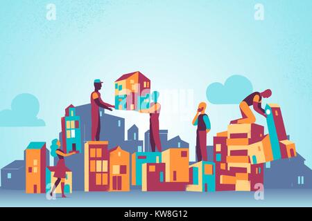 Building under construction with workers in sIlhouette and skyline Stock Vector