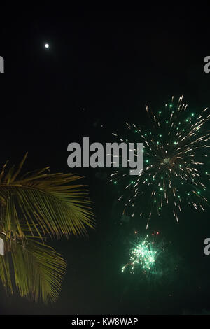 Benaulim beach, Goa, India. Monday 1st January 2018. New years day fireworks to celebrate at gala dinner in Goa beachside. Palm trees form the backdrop for the fireworks on another warm night Stock Photo