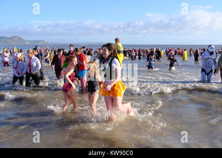 Lyme Regis, Dorset, UK. 1st Jan, 2018. Hundreds turned out in fancy dress for the traditional New Year day 'Lyme Lunge' race into the sea. The annual event was watched by over a thousand spectators who gathered on Lyme Regis Cobb Beach to support the event. Credit: Tom Corban/Alamy Live News Stock Photo