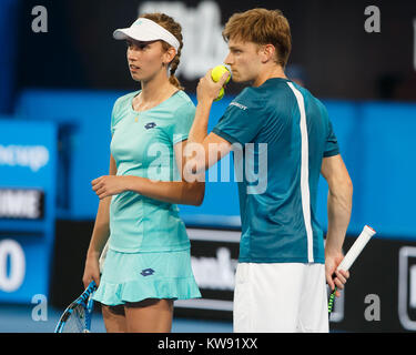 Mixed Doubles pair ELISE MERTENS and DAVID GOFFIN ( BEL) playing at the Hopman Cup 2018 in the Perth Arena - Perth, Australia. Stock Photo